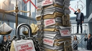 Pilha de documentos de dívida tributária acorrentada, com selos de cobrança executiva, execução fiscal e protesto